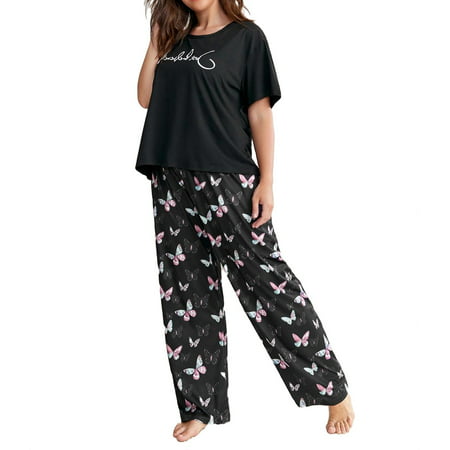 

Womens Plus Pajamas Sets Slogan Graphic Pant Sets Sleepwear PJ Set Black 4XL