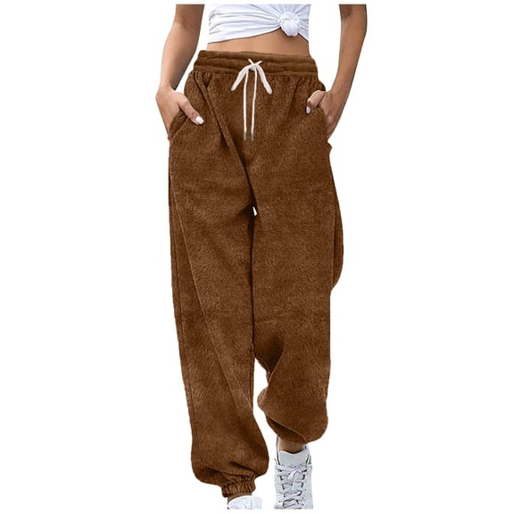 Rutainlusire Womens Trendy Warm Fleece Comfy Pants 2025 Women's Casual Solid Color Fleece Drawstring Elastic Waist Sweatpants Cuffed Ankles Side Pockets