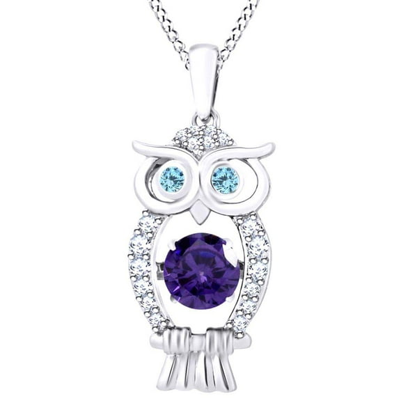 AFFY Dancing Round Cut Simulated Amethyst, Aquamarine With White Sapphire Owl Pendant Necklace In 14K White Gold Over Sterling Silver
