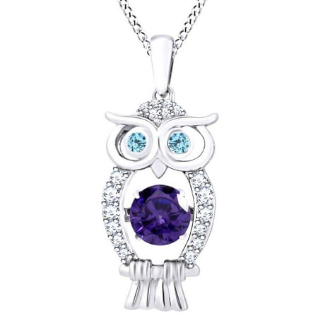 - Dancing Round Cut Simulated Amethyst, Aquamarine With White Sapphire Owl Pendant Necklace In 14K White Gold Over Sterling Silver