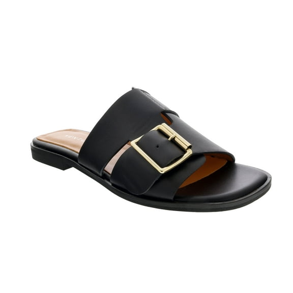 Ventutto Black Buckle Flat Leather Slide-7 for womens