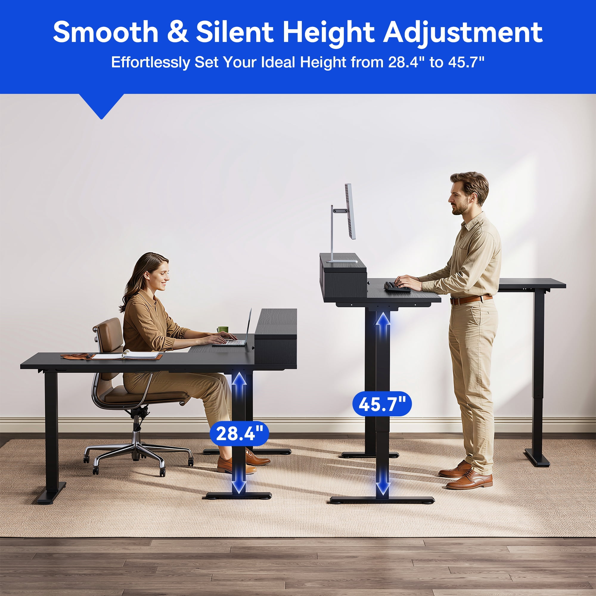 L-Shaped Electric Standing Desk, Height Adjustable Corner Desk with Drawers, Computer Desk with Monitor Shelf & Keyboard Tray, 3 Power Outlets & 2 USB Ports, Black