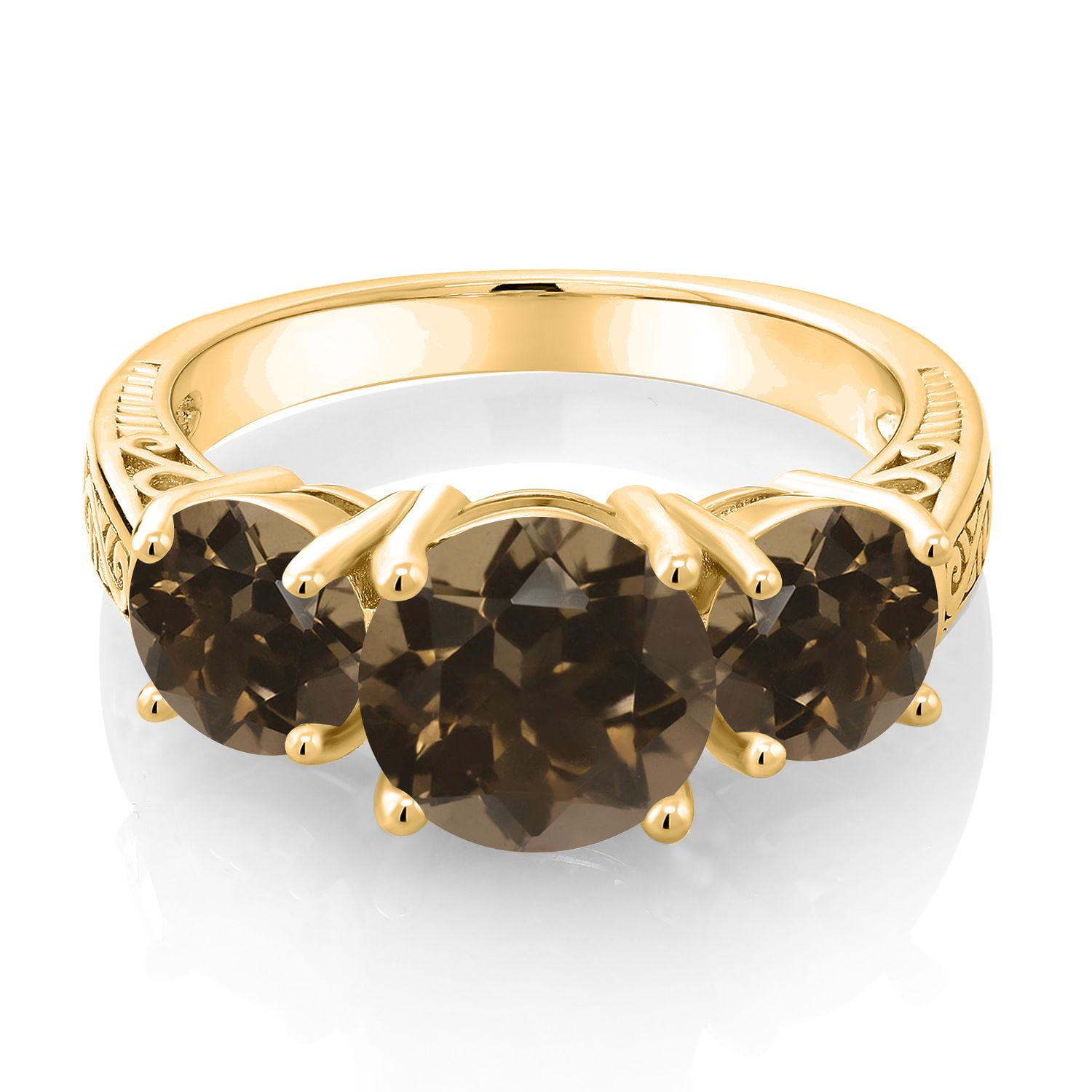 Gem Stone King 18K Yellow Gold Plated Silver Round Brown Smoky Quartz 3-Stone Ring for Women | 3.40 Cttw | Gemstone Birthstone | Wedding Engagement Anniversary Promise Ring for Women| Size 5