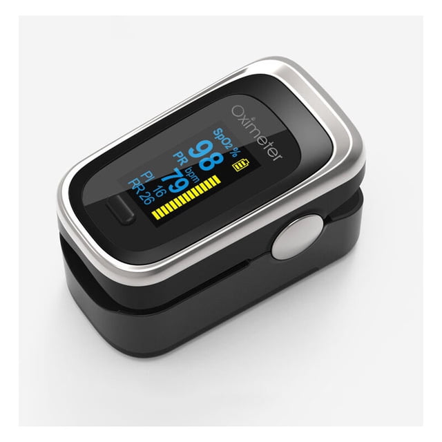 oxímetro de pulso digital para medir la saturación de oxígeno en sangre y pulso, 61 x 36 x 32 mm, 41 gr, negro y plata — vista 3/4 frontal del oxímetro compacto negro con marco plateado; pantalla a color muestra SpO2 98% y pulso 79 bpm, barra y onda de pulso; pinza de dedo portátil con botón lateral, correa y funda incluidas según especificaciones; apto para control personal en casa y uso en viajes o senderismo.