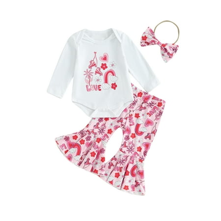 

Frobukio Baby Girls Valentine s Day Clothes Print Long Sleeve Romper Flare Pants Bow Headband 3Pcs Outfits