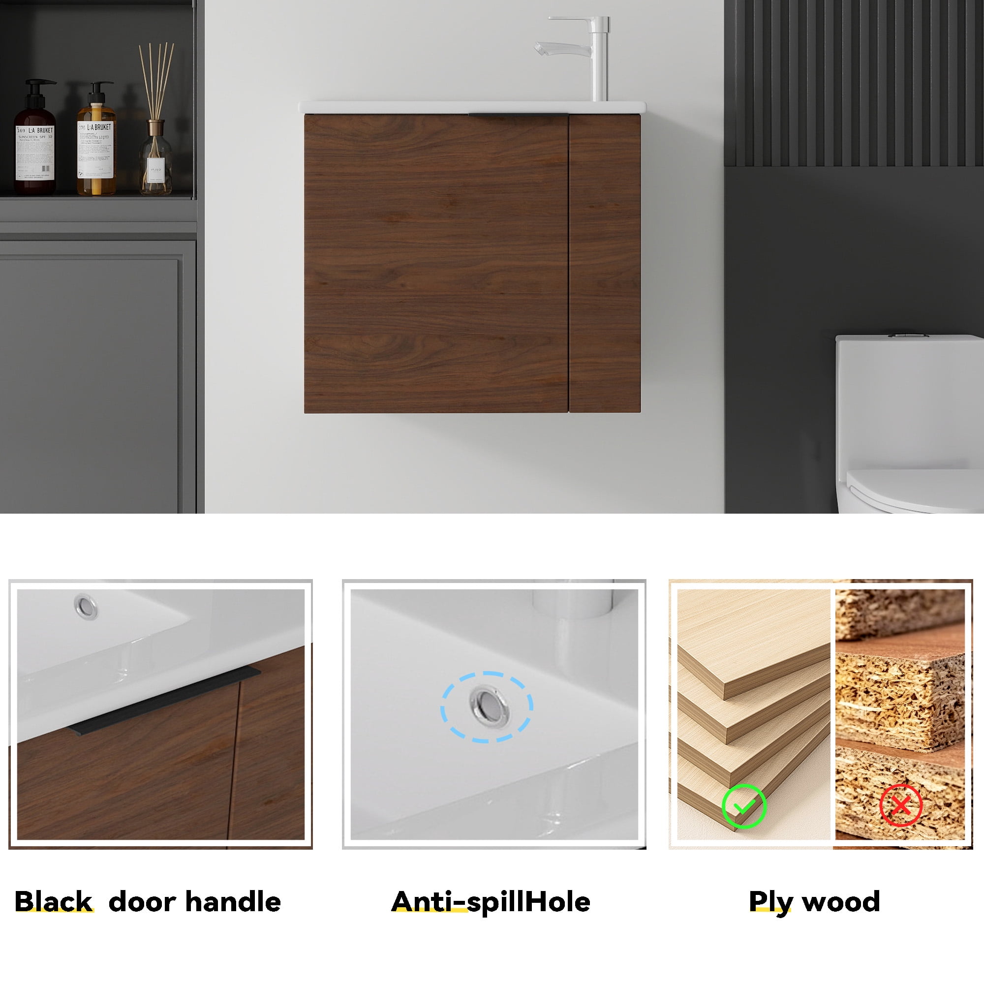 Leumius 22" Floating Bathroom Vanity with Ceramic Sink & Soft-Close Doors,Wall-Mounted Vanity for Small Space,Bathroom,Brown