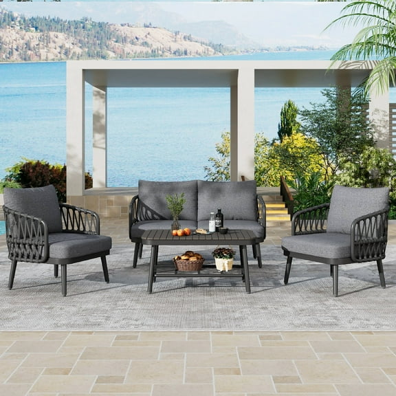 4-Piece Outdoor Patio Furniture Set, Metal Chairs with Woven Rope U-Shaped Backrest, Outdoor Conversation Set with Thick Cushions and Coffee Table for Garden, Poolside, Balcony, Black & Grey