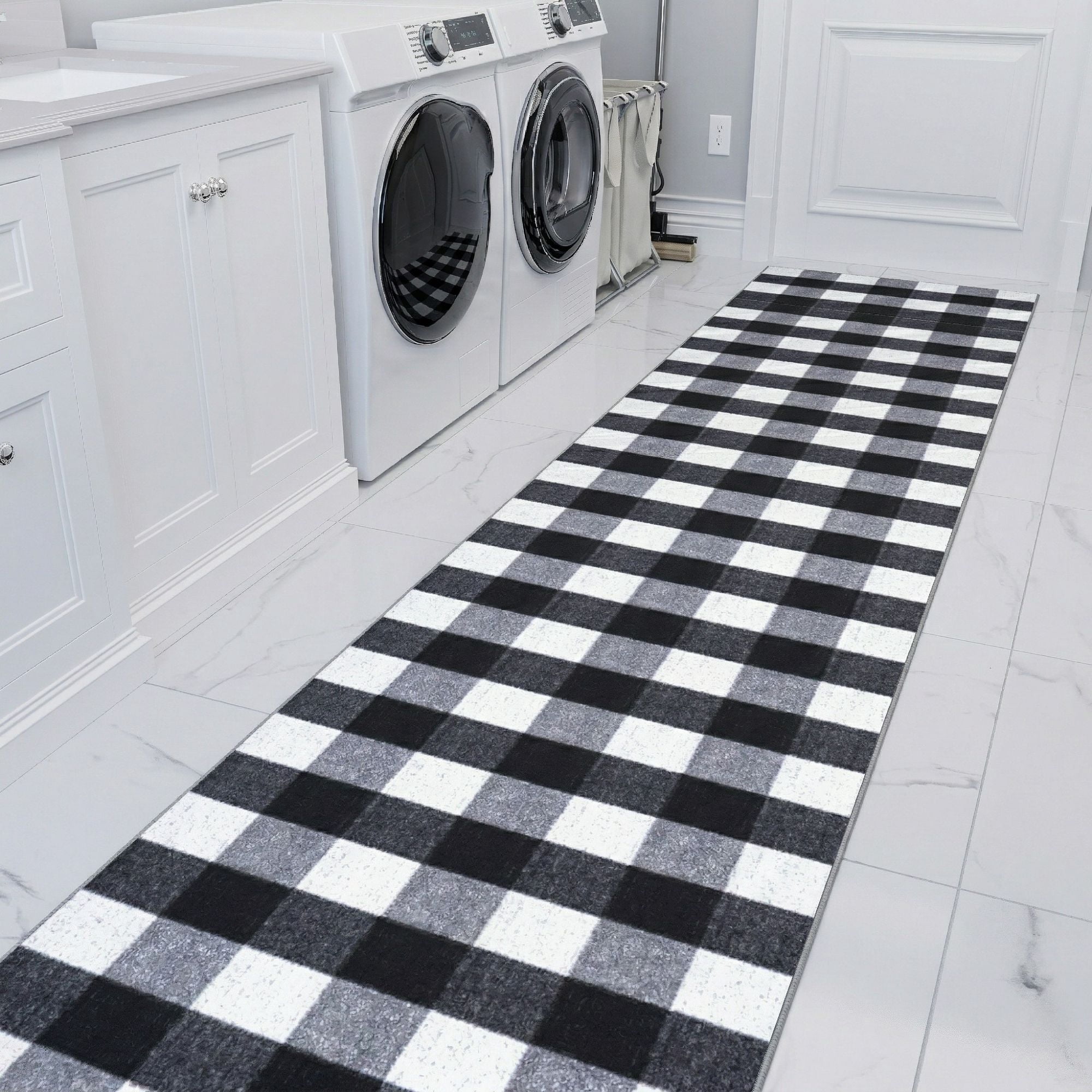 Ottomanson Extra Long Runner Rug 2'7" x 41' – Non-Slip Low Pile Hallway Carpet, Buffalo Plaid Black/White