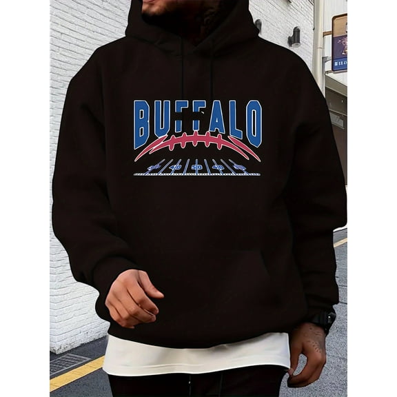 Men's Buffalo Football Graphic Hooded Sweatshirt - Vibrant Red with Blue Team Print, Casual Sporty Pullover, Machine Washable, Spring/Fall Outdoor Apparel for Sports Fans & Casual Attire