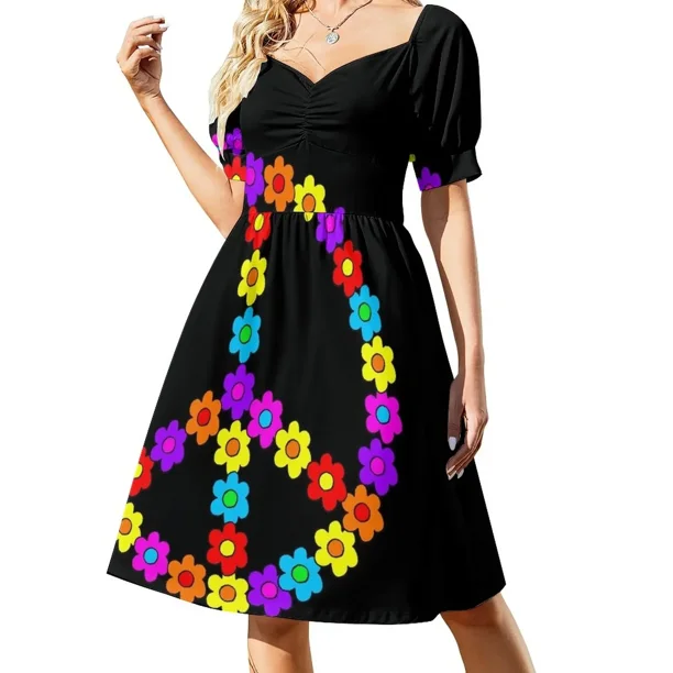 Vestido de manga corta con símbolo de la paz y flores pop, vestido de manga larga, vestido de cumpleaños para mujer de lujo