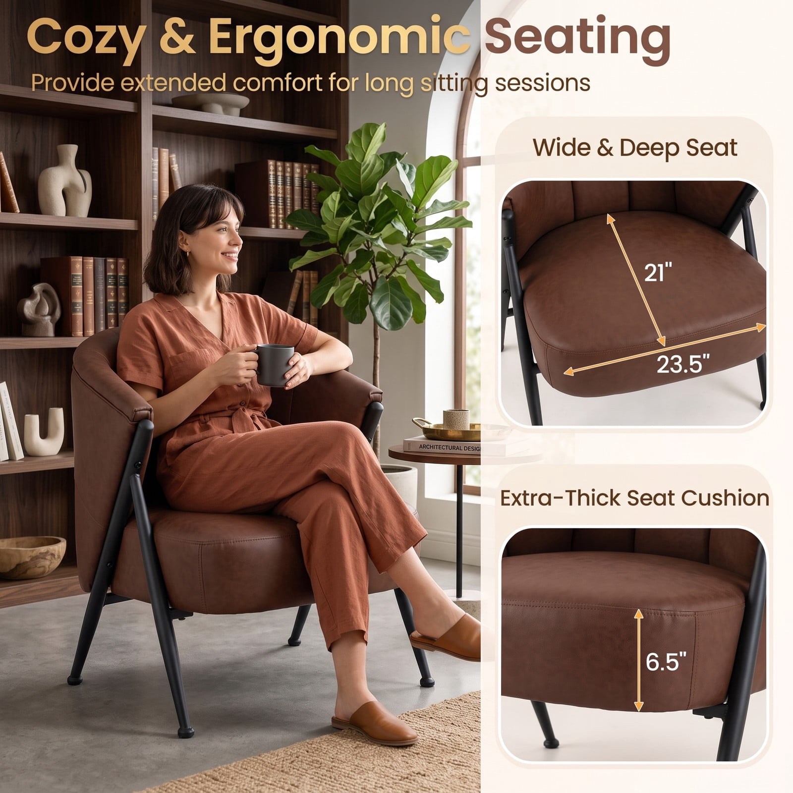 Furnibear Mid Century Modern Accent Chair, Comfy Upholstered Armchair with Curved Backrest and Wide Seat, 352 lbs Capacity Reading Lounge Chair for Living Room, Brown