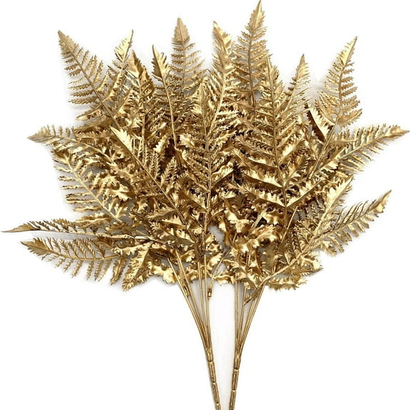 Christmas Artificial Plants Decoration, Plastic Golden Shrubs Plant Simulation Boston Leaves Fake Fern Grass for Wedding Party Indoor DIY Home Office Table Centerpieces Decor - Gold 2 Pack