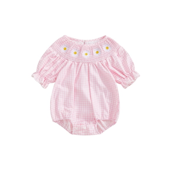 ZINTAOZT Infant Baby Girls Plaid Bubble Romper Short Sleeve Daisy Embroidery Smocked Bodysuit 0-2Years Summer Clothes