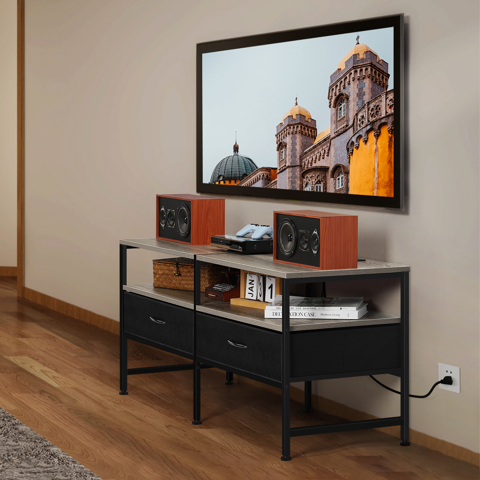 47.2"L TV Cabinet Industrial TV Cabinet with Fabric for Living Room, Bedroom With Charging Stake Gray