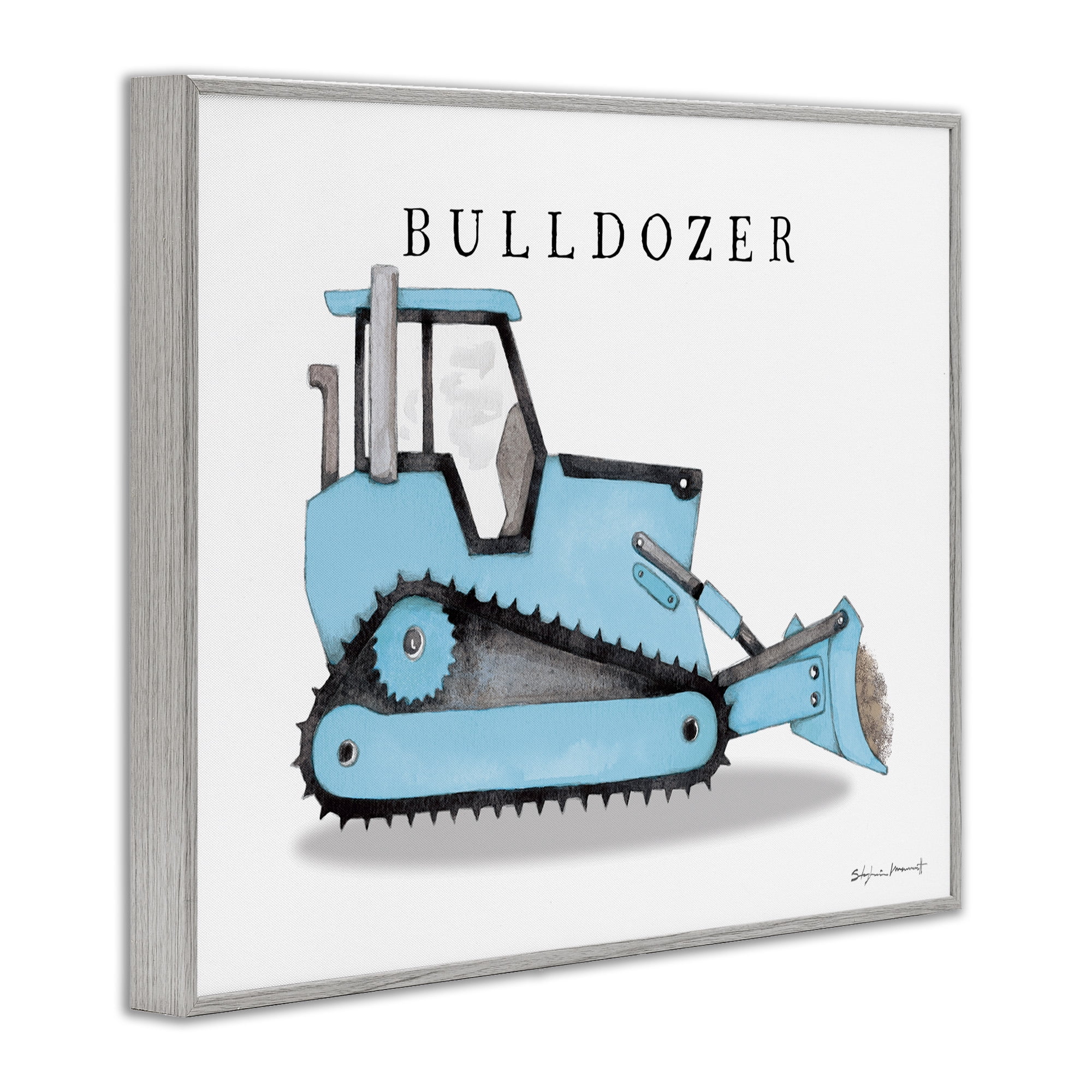 Stupell Industries Blue Bulldozer Construction Machine Art for Kids Painting Gray Framed Art Print Wall Art, 30 x 24