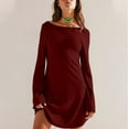 thumbnail image 2 of IROINNID Long Sleeve Dress for Women Thigh-Length Fit&Flare Dress Fall and Winter New Slim Trendy Dress V-neck Bubble Sleeve Pleated Skirt,Burgundy, 2 of 8