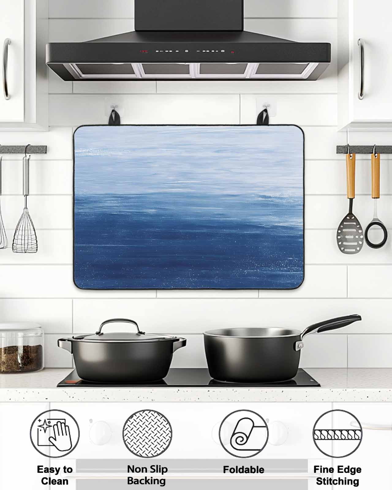 Stove Top Covers for Electric Stove, Navy Blue Ombre Glass Stovetop Cover Protector, Modern Abstract Art Ocean Oil Painting Induction Cooktop Protector Oven Mat for Kitchen Countertop 28.5"x20.5"
