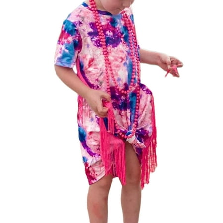 

Gwiyeopda Toddler Girls Tie-Dye Tunic Dress Tassel Crew Neck Short Sleeve Summer Casual Princess Dress