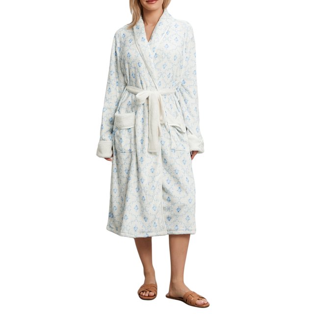 Gupgi Women Plush Bathrobe Winter Pajama Kimono Floral Print Fleece Long Robe Loungewear Spa Night Robe with Pockets