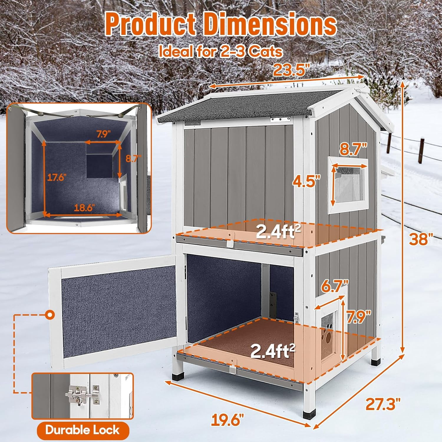 Petsblublu Insulated Outdoor Cat House 2 Story Weatherproof Elevated Outside Cat Shelter, Gray