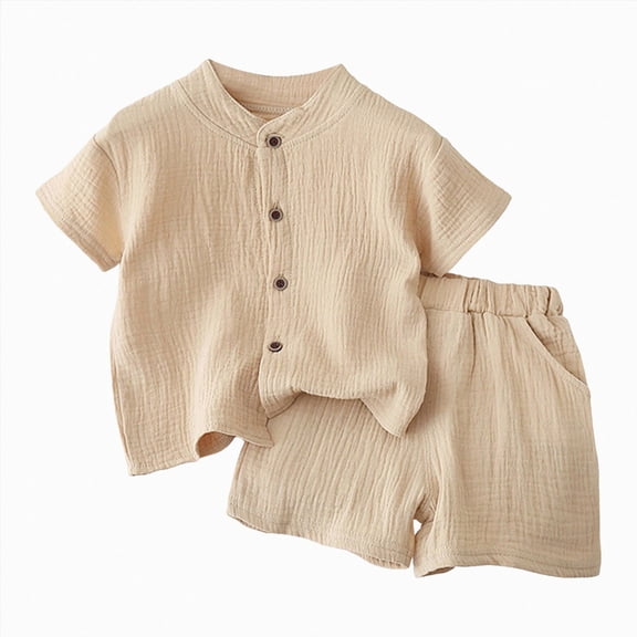 KPOPLK Toddlers Baby Boys' Summer Clothes Infant Boy Button Up Clothing Casual Shirt and Short Set Outfits(4-5 Years,Khaki)