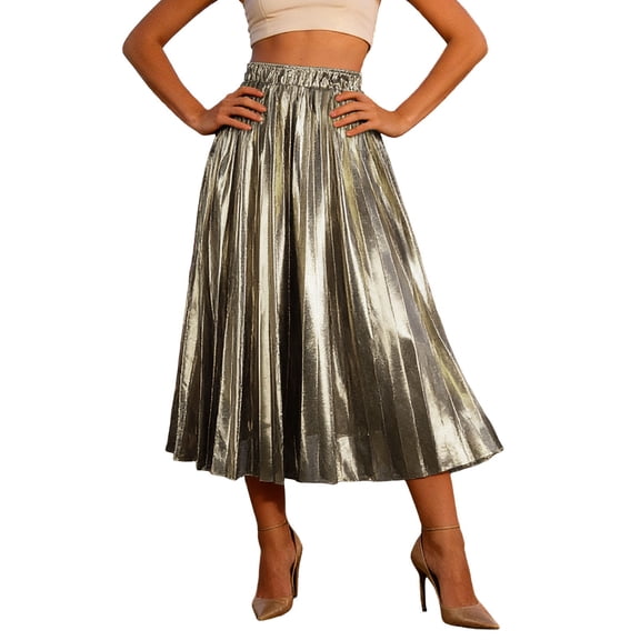 Womens Gold Pleated Maxi Skirt Accordion Elastic Waist Aline Swing Metallic Shiny Long Party Skirt Mid Calf Length Beige One Size