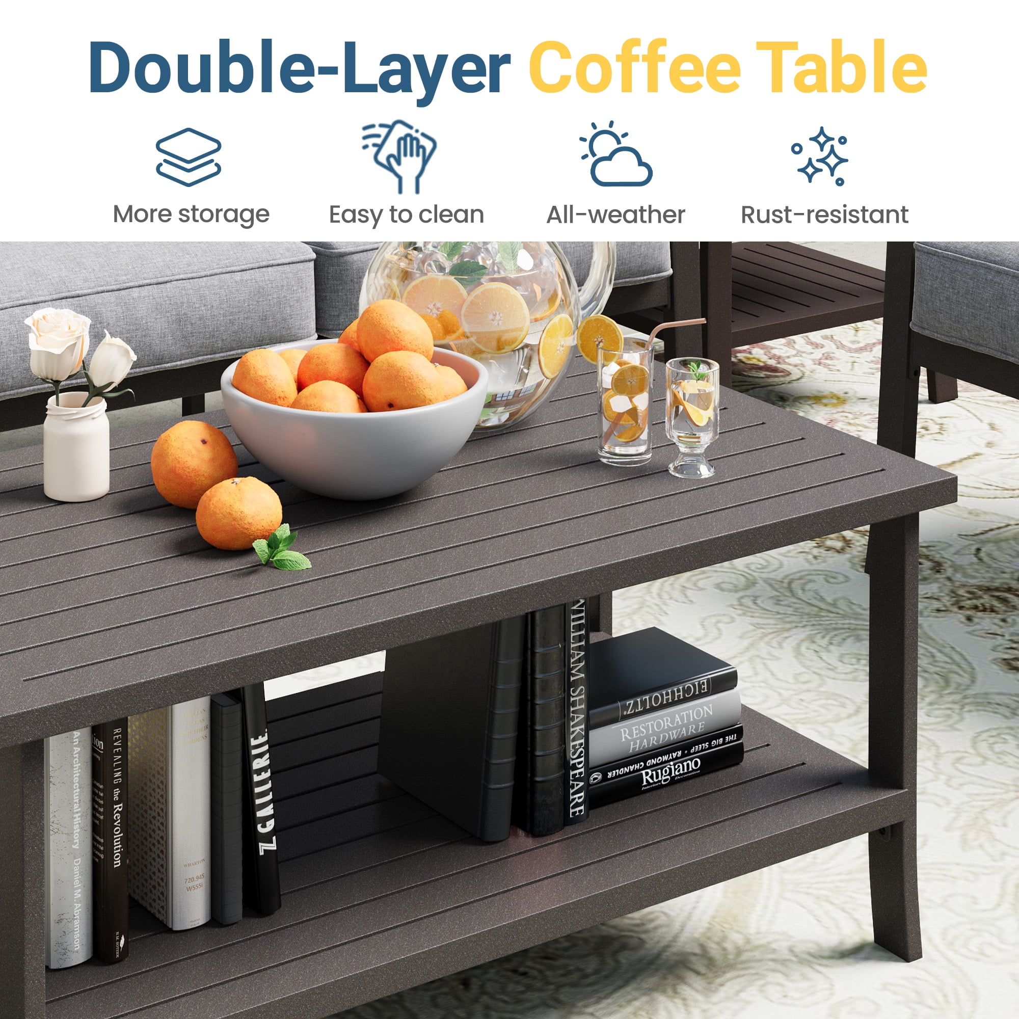 Heynemo 5-Seater Outdoor Patio Furniture Set, 4 Piece Patio Conversation Set with Coffee Table, Metal Furniture Set for Porch Backyard Garden, Grey
