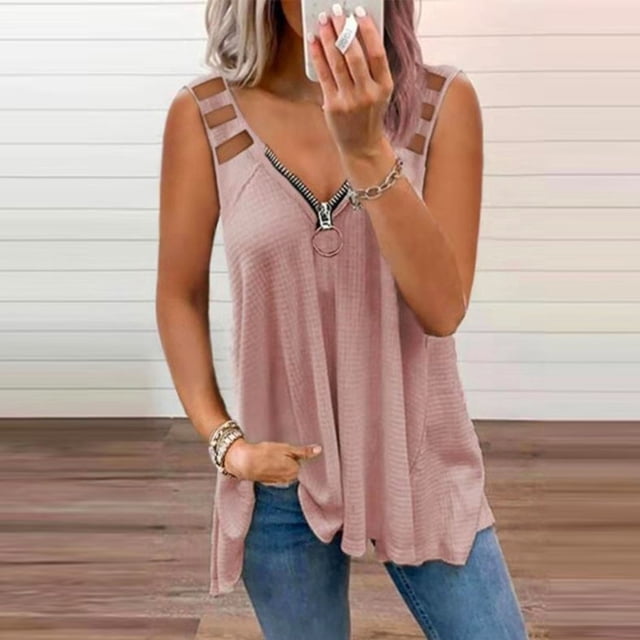 Hauts Mode Femmes Décontracté Col en V Fermeture Éclair Blouse Ajourée Gilets Hauts Débardeurs Femmes en Solde