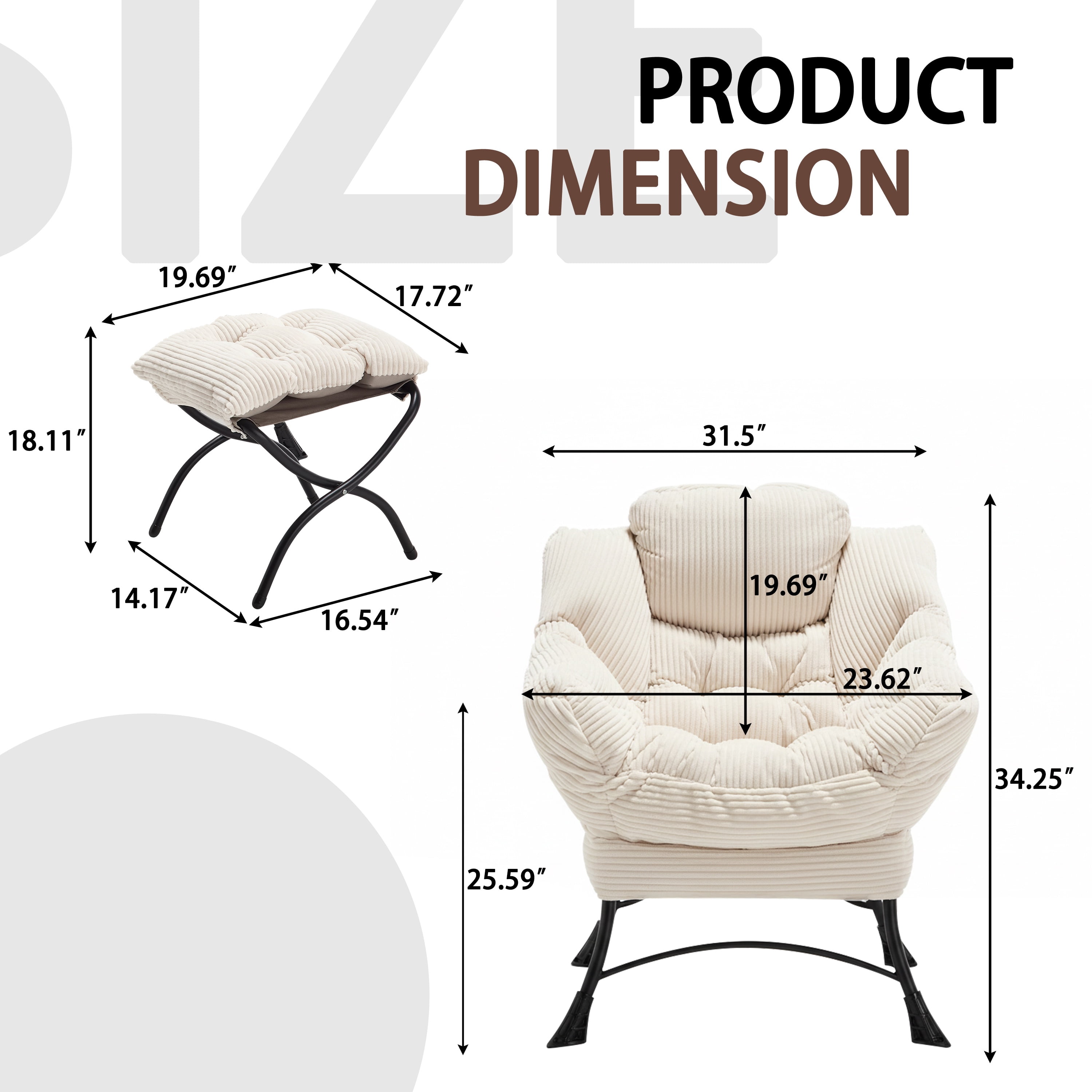 PAPROOS Lazy Chair with Foldable Ottoman, Flannelette Fabric Accent Chair and Footrest Stool Set, Comfy Lounge Arm Chair with Footstool Set, Reading Chair Leisure Sofa Chair for Living Room, Brown