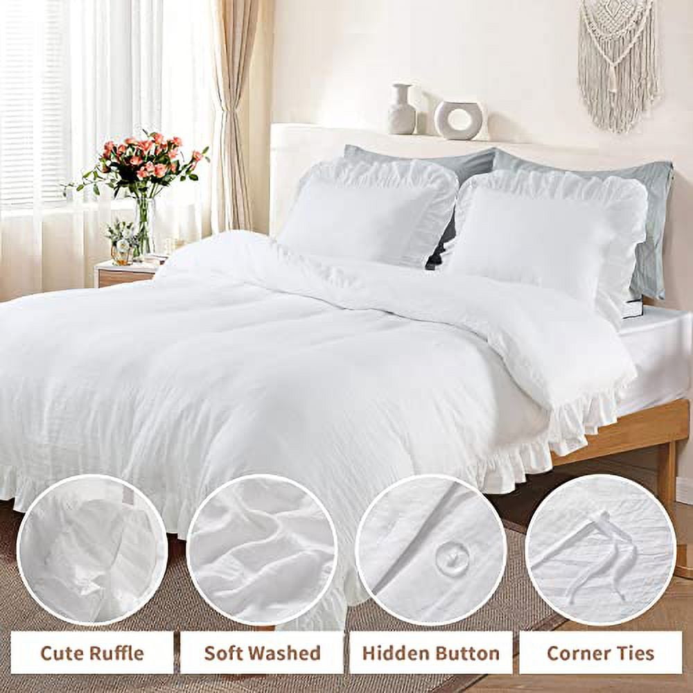 AOILE Ruffle Duvet Cover Set – 3PCS Soft Washed Microfiber, Vintage French Country Bedding, Twin/Queen/King