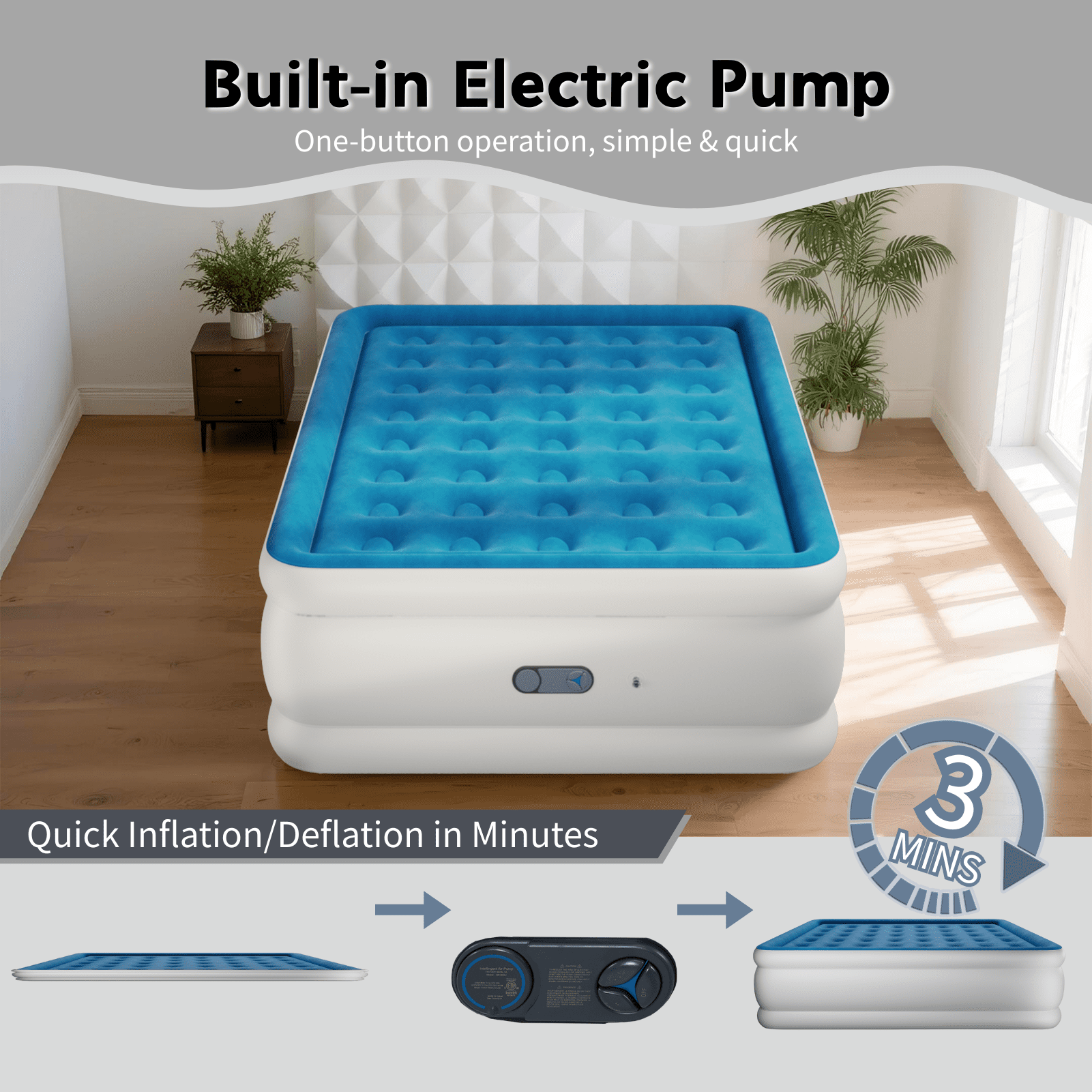Queen 22" Top Flocking Air Mattress with Built-in Pump Raised Comfort,Fast Inflation/Deflation Foldable Portable Air Bed with Storage Bag for Home,Camping,Guests Blue