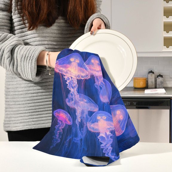 BZSMCE Kitchen Towels Creative Purple Jellyfish Pattern Durable Kitchen Towel