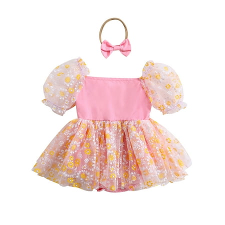 

Infant Girl Romper Dress Daisy Print Short Puff Sleeve Mesh Skirt Hem Jumpsuits Newborn Clothes Baby Bodysuits with Headband