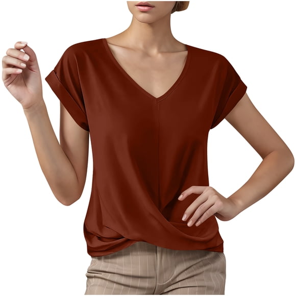 LOVZFMLL Women's T-Shirts V Neck Folded Cap Short Sleeve Tops Tees Solid Color Blouses Basic Fashion Trendy Clothes Brown L