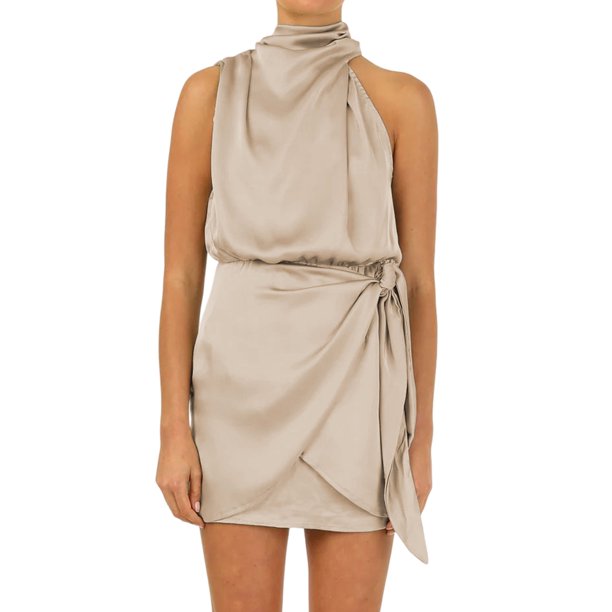 Vestido Corto De Satén Mini vestidos de mujer sin mangas con cuello simulado vestido de línea A para cóctel (Beige S) Cgtredaw Para estrenar