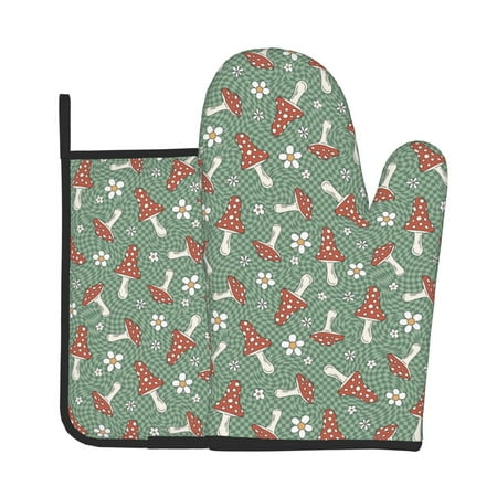

Xecao Retro Hippie Groovy Mushroom Pattern Oven Mitts and Pot Holders Sets Heat Resistant Silicone Oven Mittens Extra Thicken Long Kitchen Cotton Oven Glove for Cooking