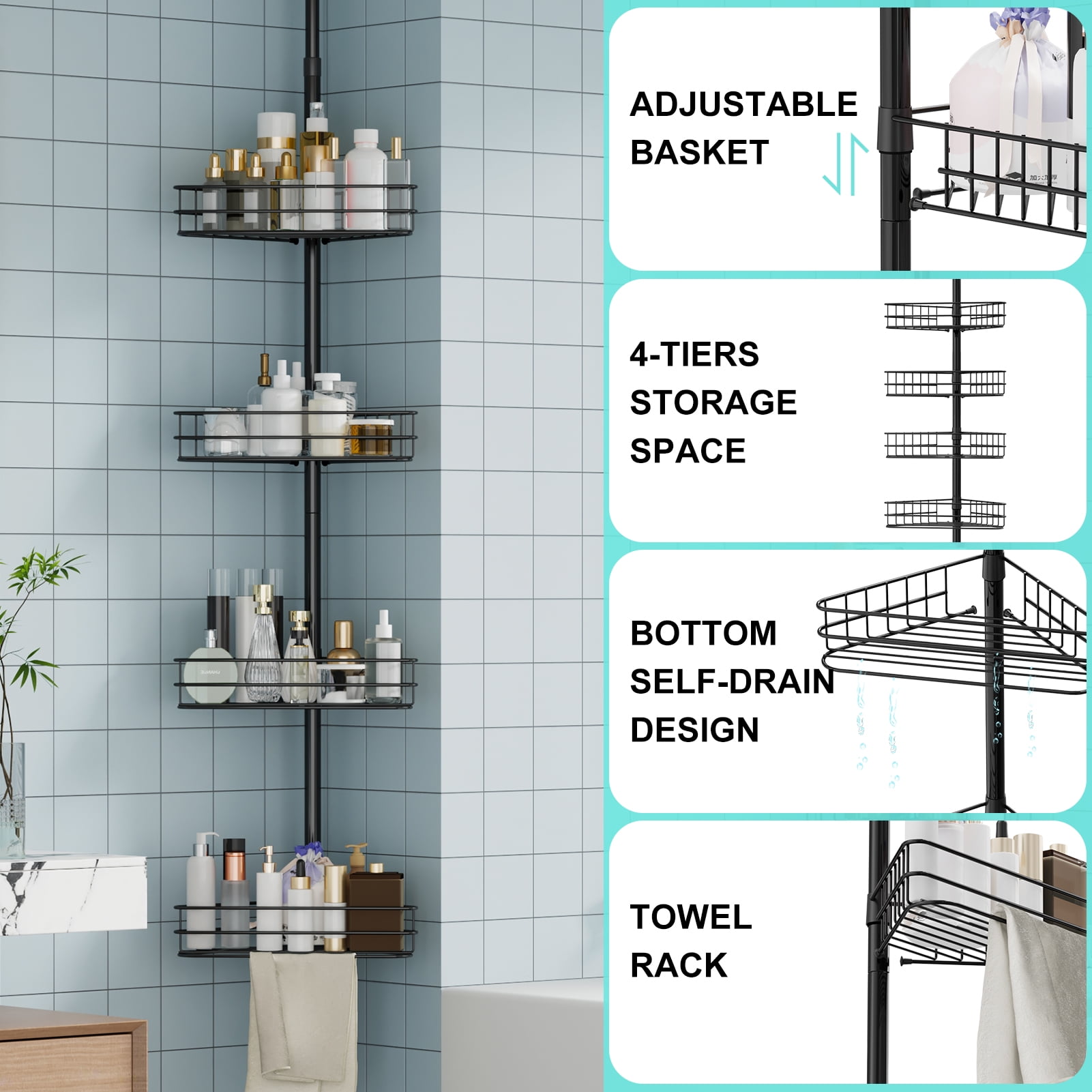 4-Tier Adjustable Tension Pole Corner Shower Shelve – Rust-Resistant Bathroom Organizer Shelf with Baskets & Towel Bars, Perfect for Kitchens, Bathrooms, and Bedrooms, Black