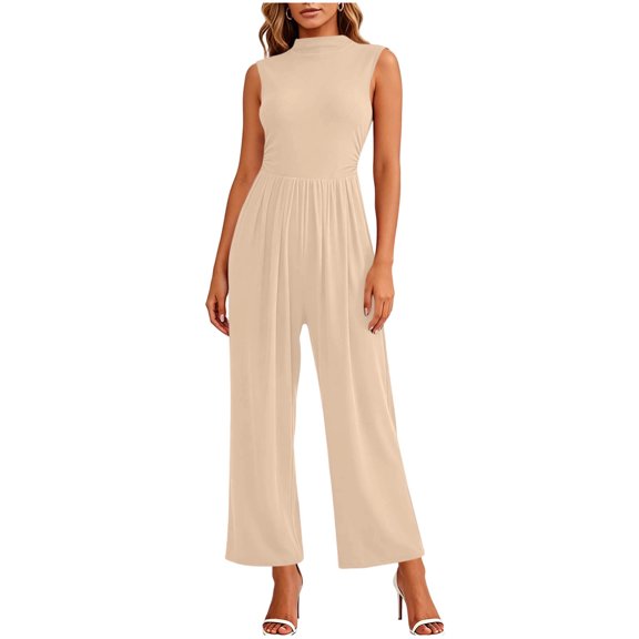 TEAJOPSUU Womens Jumpsuit Mock Neck Sleeveless High Waist Slim Jumpsuit Pleated Wide Leg Summer Loose Jumpsuit Beige