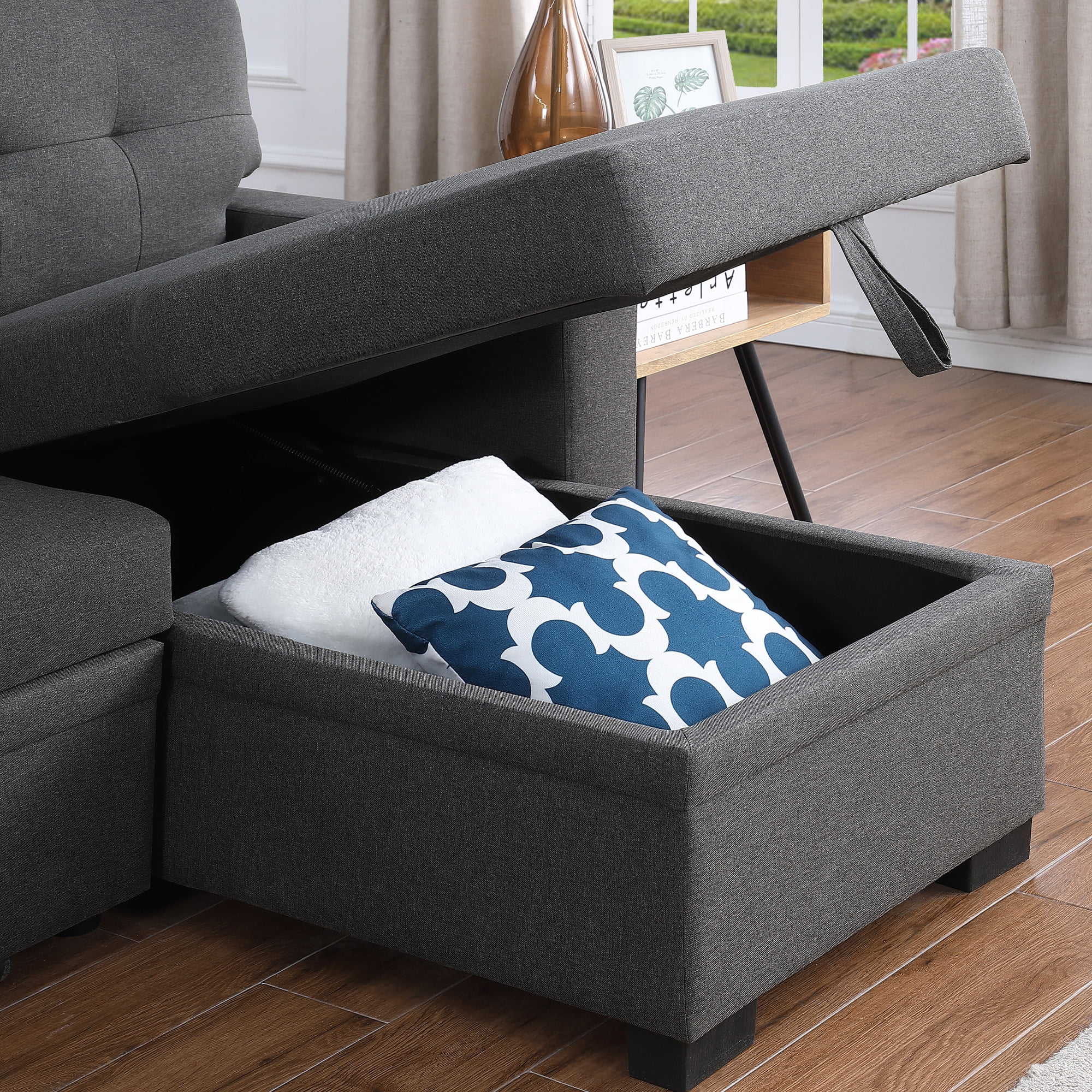 Aukfa 92" Sofa Bed Reversible Sectional Sleeper Sofa with Storage Chaise&Side USB &Cupholder Console for Living Room, Linen, Gray