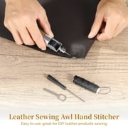 Leather Sewing Awl Kit, Hand Stitcher Tool with Wooden Handle, 2 Sizes Straight Needles, Black Waxed Thread, Bobbin, Wrench and Screwdriver for Leather Craft and Heavy Fabric Repair