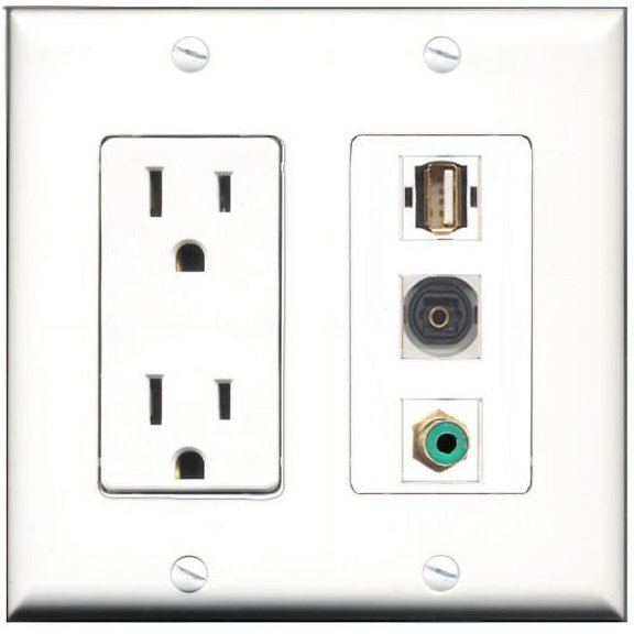 RiteAV - 15 Amp Power Outlet 1 Port RCA Green 1 Port USB A-A 1 Port Toslink Decorative Wall Plate
