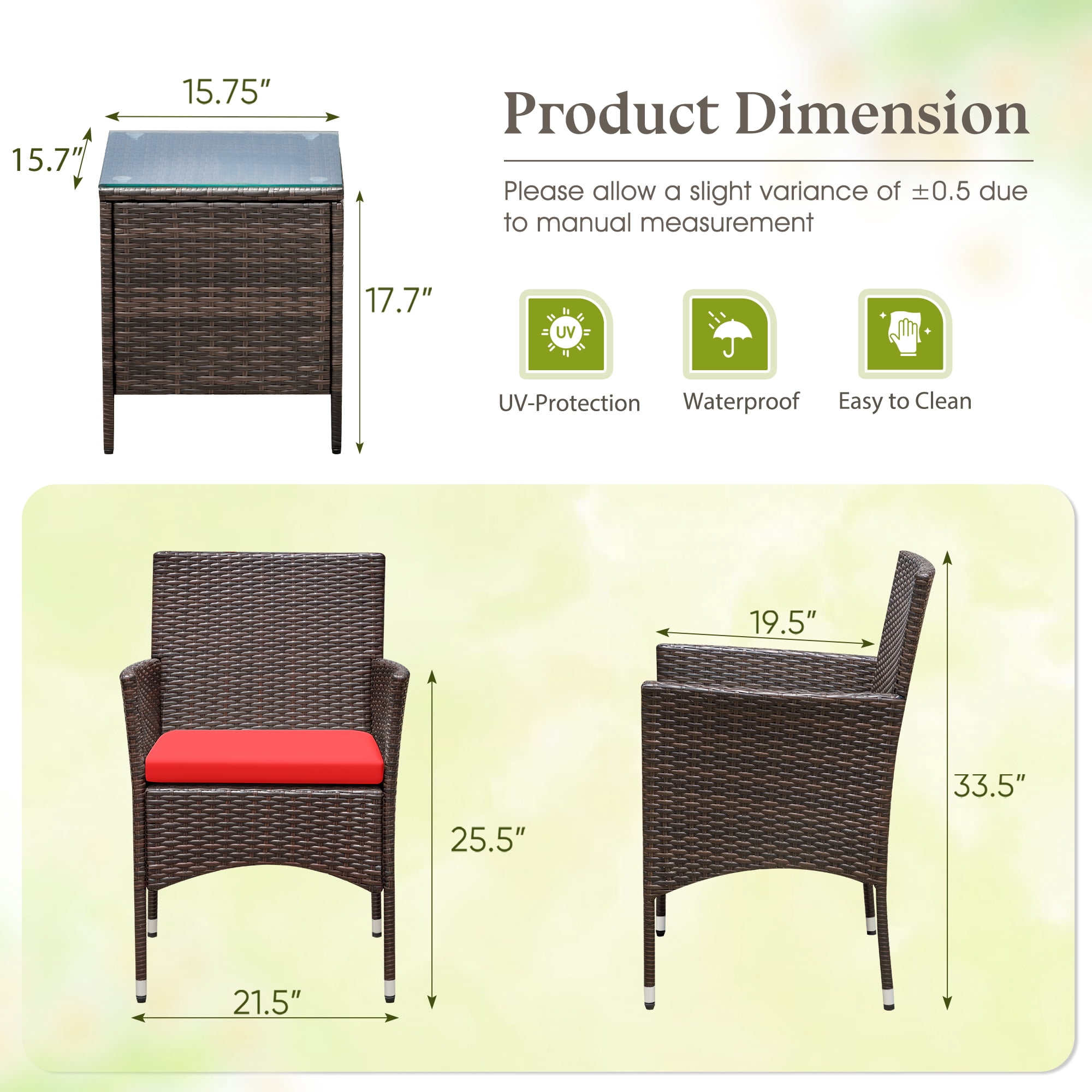 Lacoo 3 Pieces Outdoor Patio Furniture Gray PE Rattan Wicker Table and Chairs Sets Bar Set with Cushioned Tempered Glass , Brown / Red