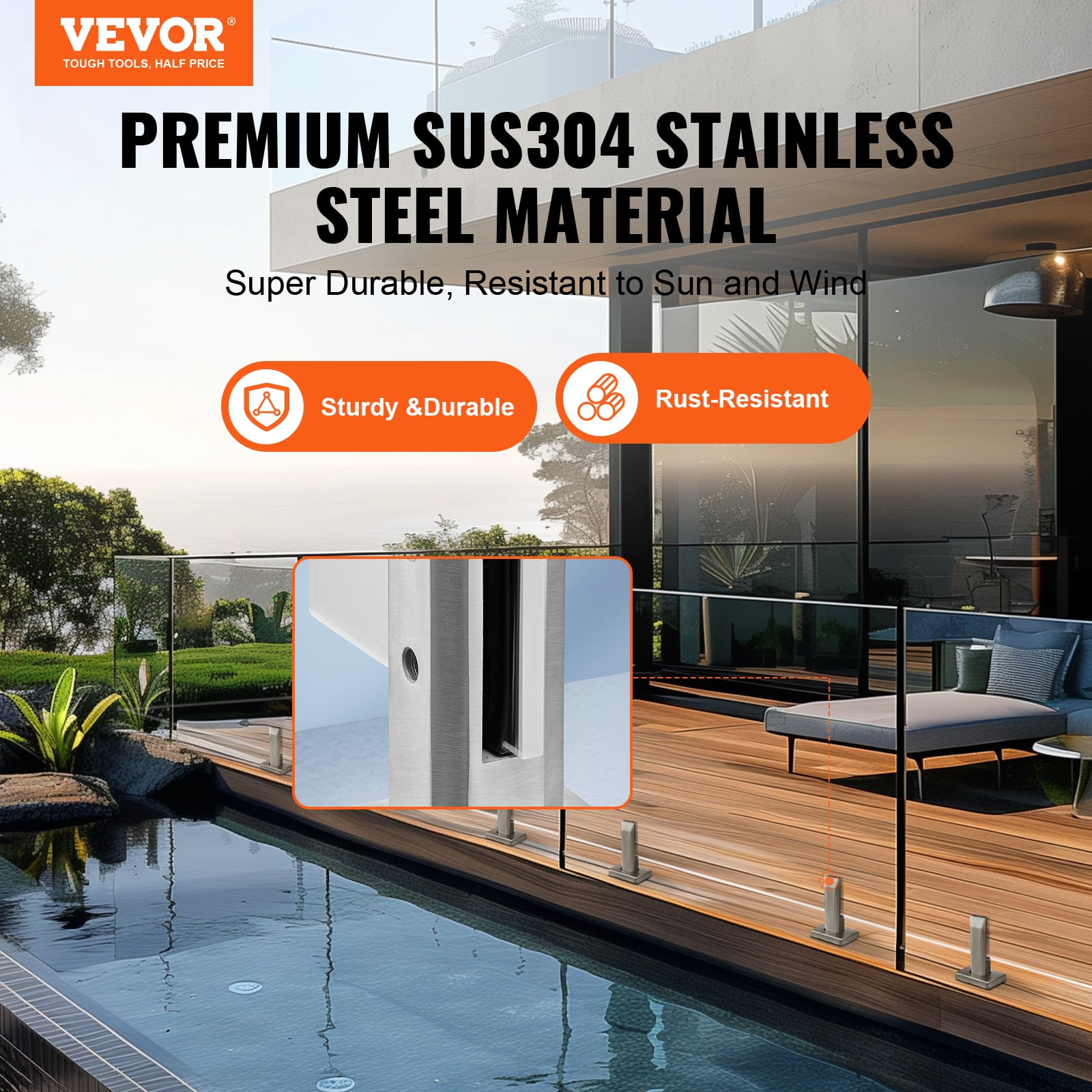 VEVOR Glass Clamp, 10 PCS Square Glass Railing Bracket for 0.31 "-0.47 " Tempered Glass, 304 Stainless Steel Glass Mounting Clamp, 0.12” Thick Glass Shelf Bracket for Balcony,Garden,Stair,Silver
