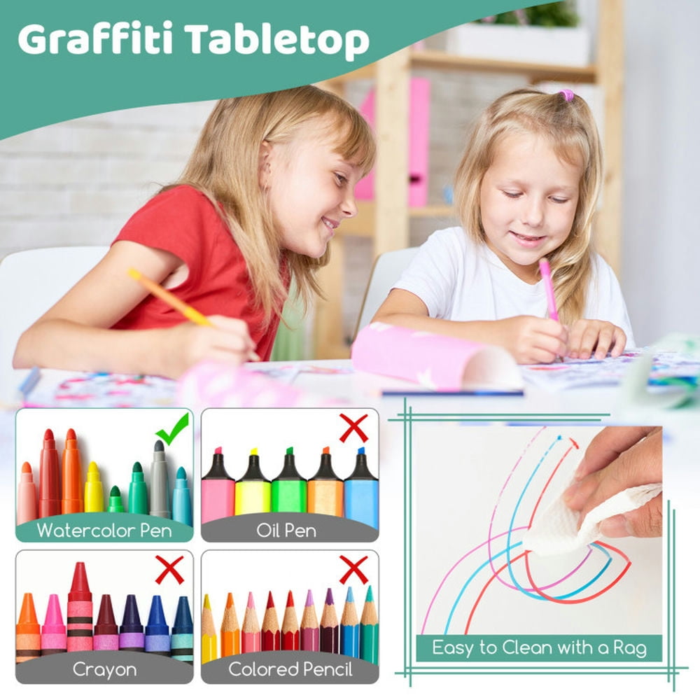 Resenkos Kids Table and Chairs Set for 4 with Graffiti Desktop-Green, Small Folding Table for Arts & Crafts, Snack Time, Homeschooling, Homework