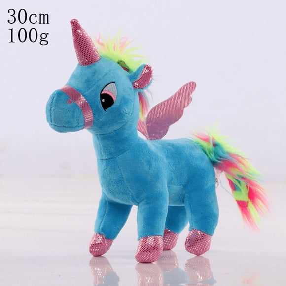 Peluche Licorne Arc-en-Ciel Bleue de 11,8 Pouces, Poupée en Peluche Douce avec Corne Brillante, Ailes et Crinière Colorée