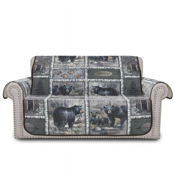 De Leon Collections 62305 Bear Lodge Patchwork Woodland Cabin Black Bear Birch Themed Loveseat Furniture Slipcover