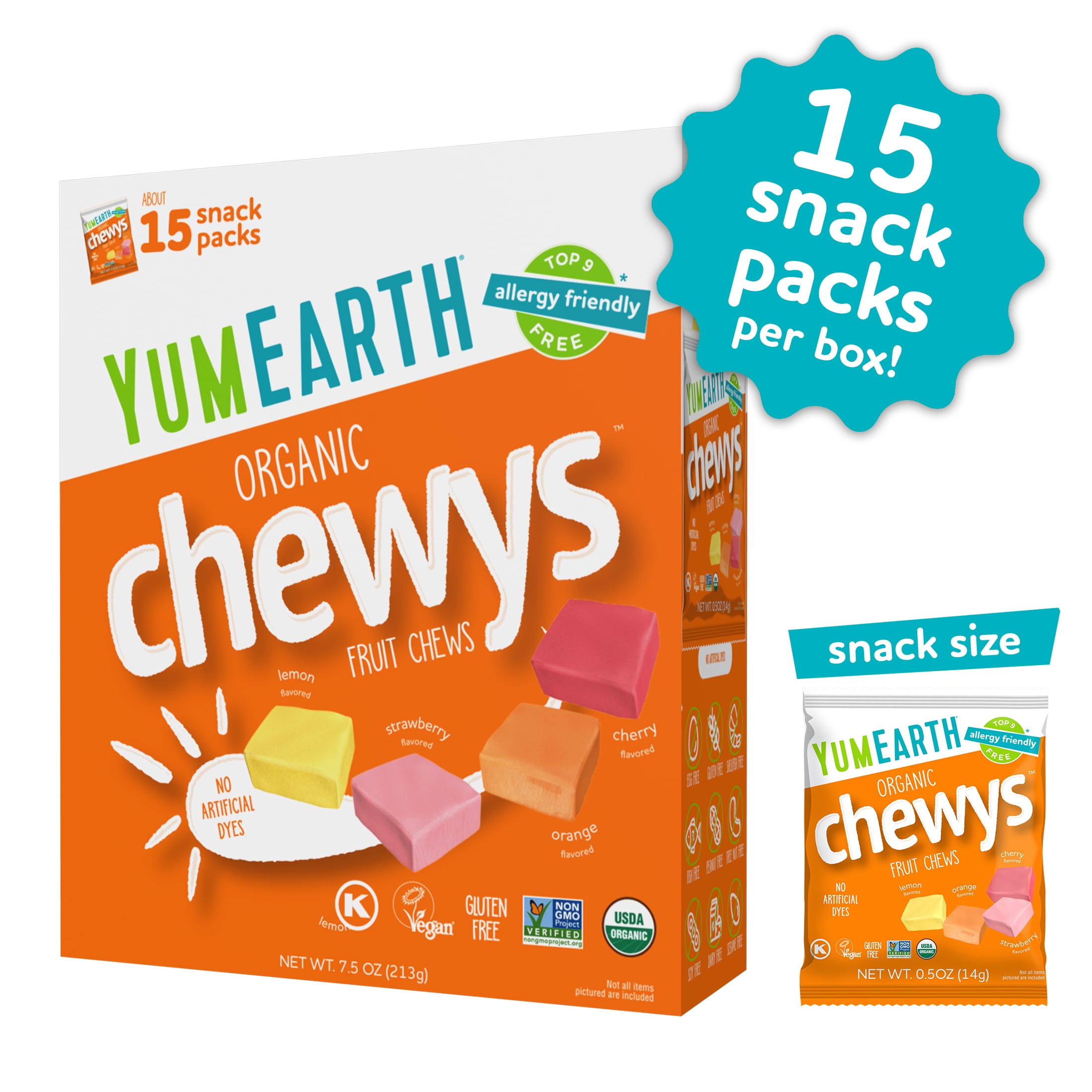 YumEarth Organic Chewys Snack Packs Box, 15 Count, 7.50 oz