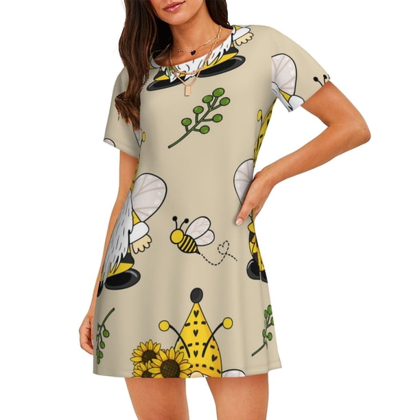 Disketp Gnomes Bees And Sunflowers para Camisón Corto de Manga Corta para Mujeres, Camisón Cómodo con Escote Redondo, Bonito y Confortable