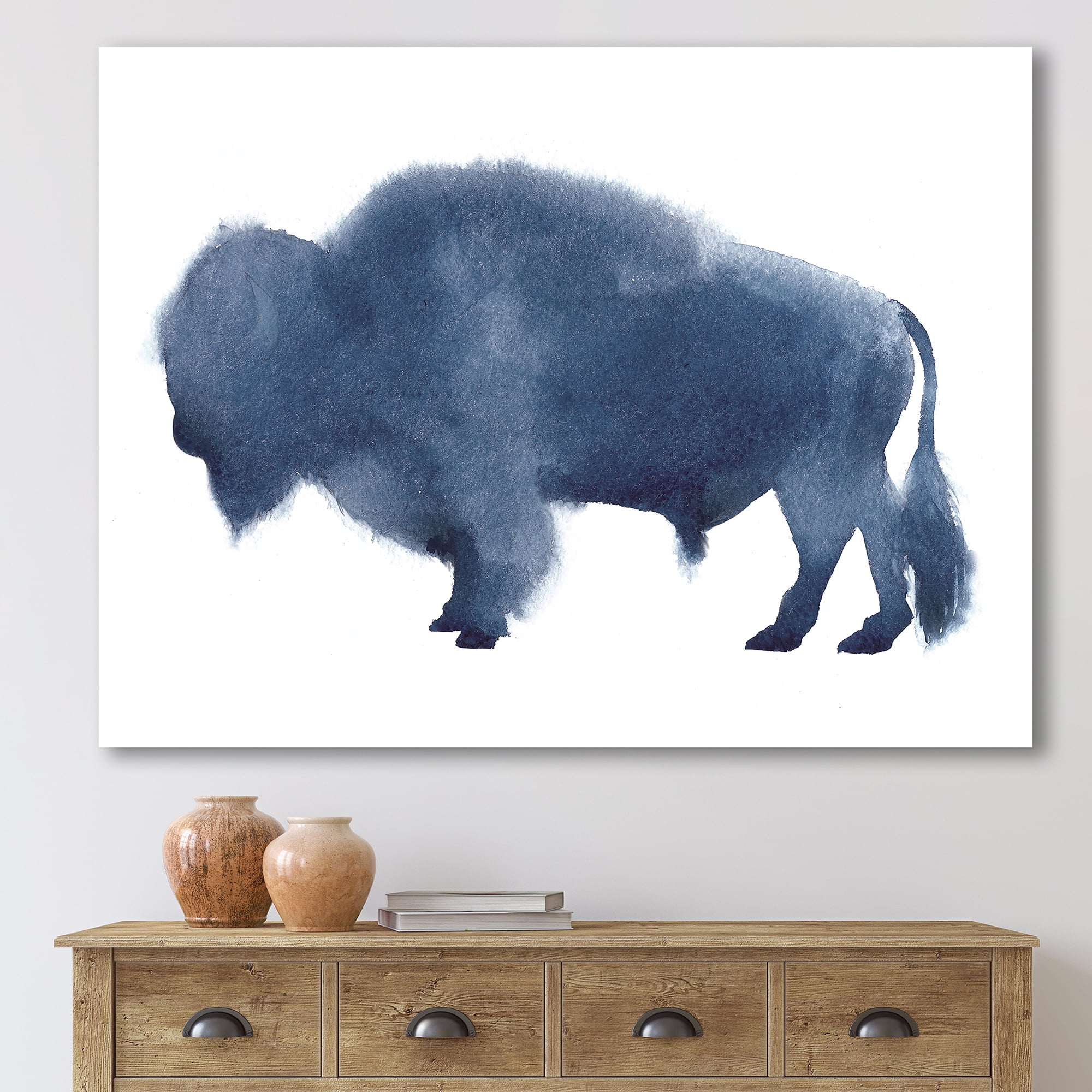 Designart ' Navy Blue Bison Silhouette On White ' Farmhouse Canvas Wall Art Print