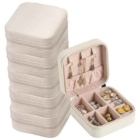 6 PCS Jewelry Boxes,3.9 x 3.9 x 2 in White PU Leather Travel Jewelry Case,Zippered Jewelry Storage Organizer for Women,Compact Ring Earring Necklace Holder
